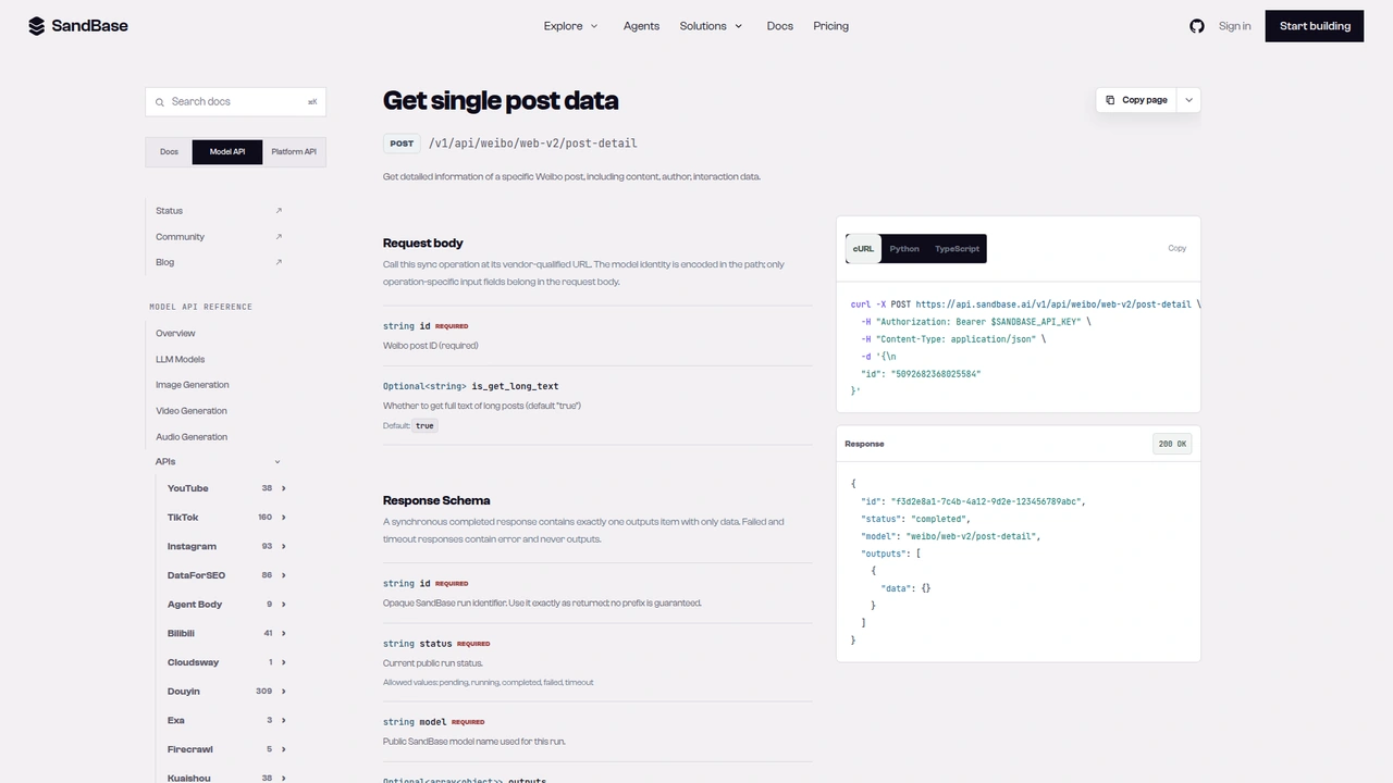 SandBase API reference for the Weibo web-v2 post-detail endpoint
