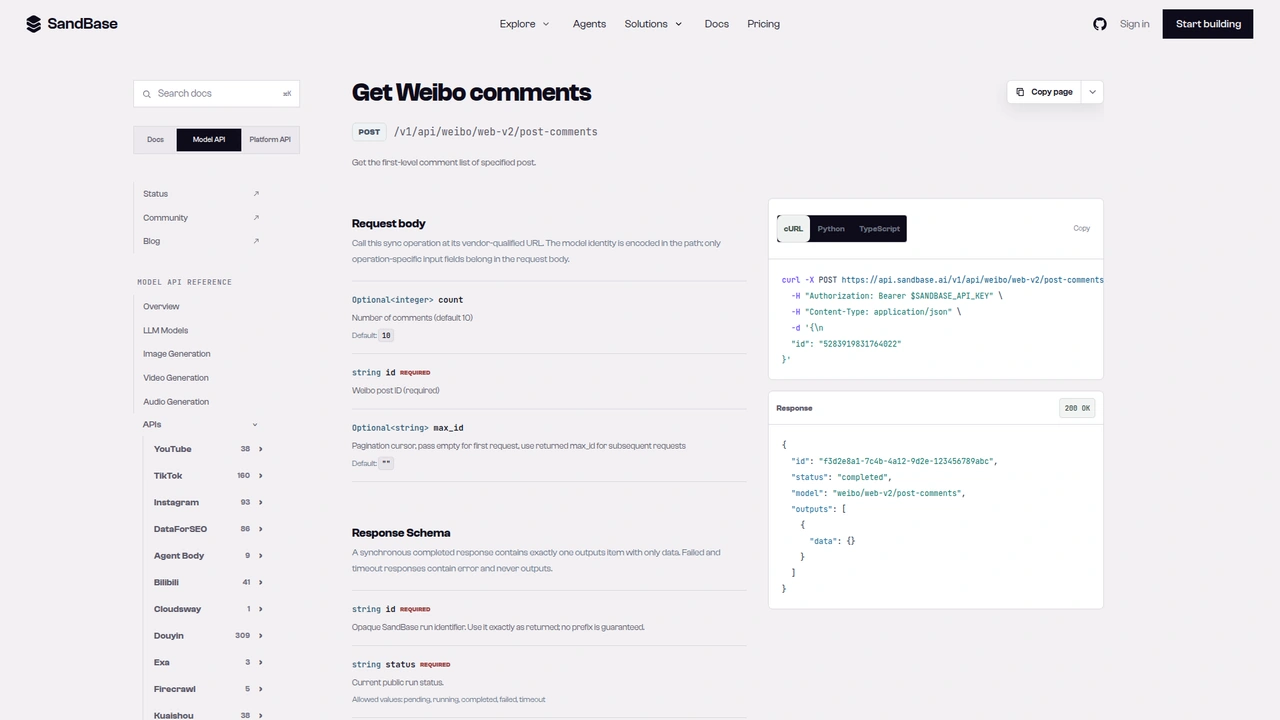 SandBase API reference for the Weibo web-v2 post-comments endpoint