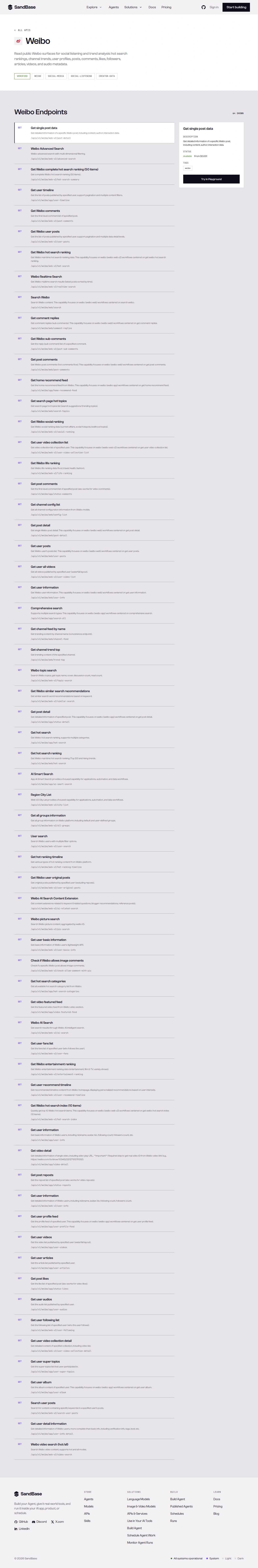 SandBase Weibo API page: description, capability tags, and the endpoint list