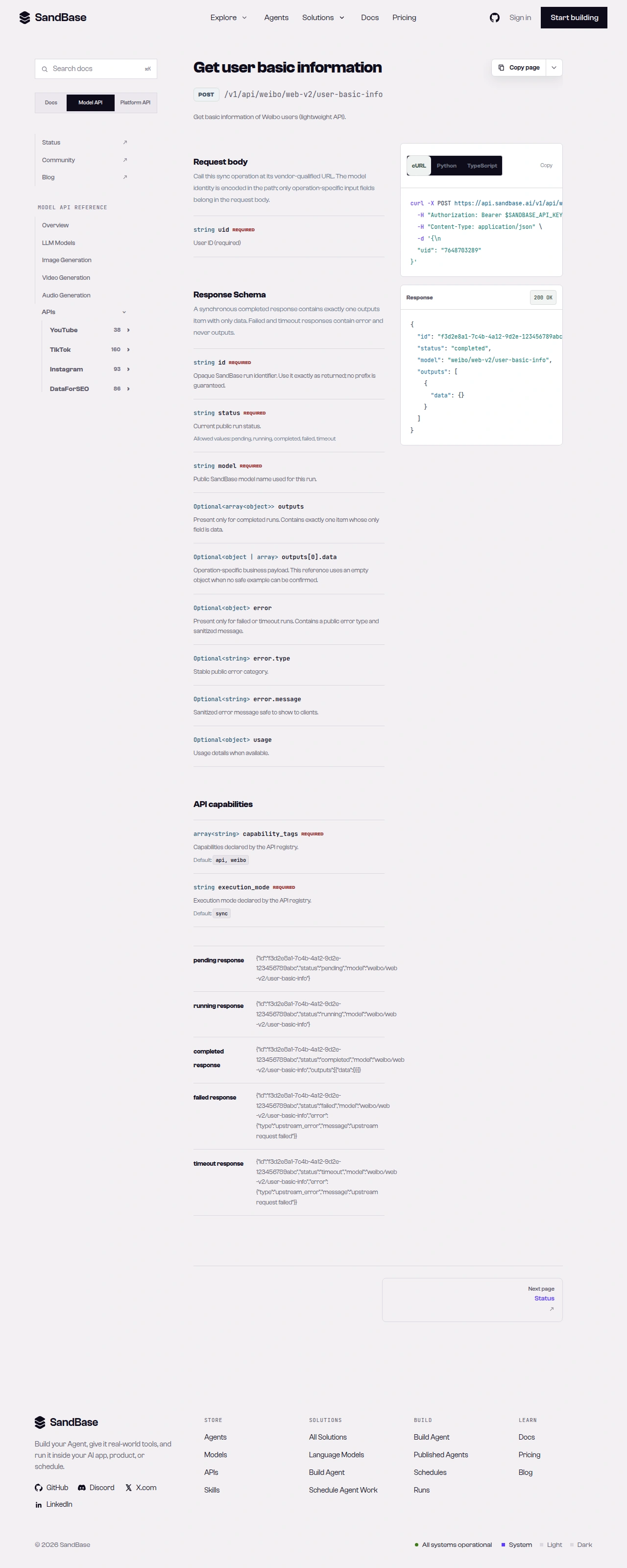 SandBase Weibo endpoint list showing hot-search, search, user, and post endpoints with their paths