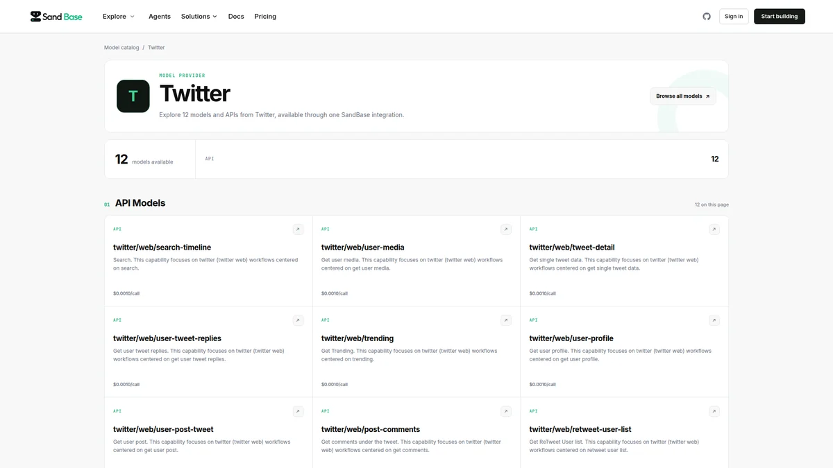 SandBase Twitter API catalog showing the available read and write routes.