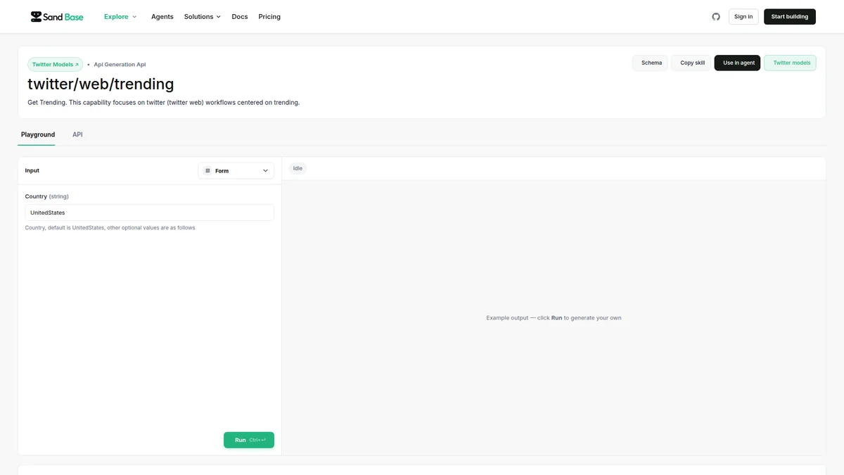 SandBase Twitter trending model page showing the country input and endpoint.