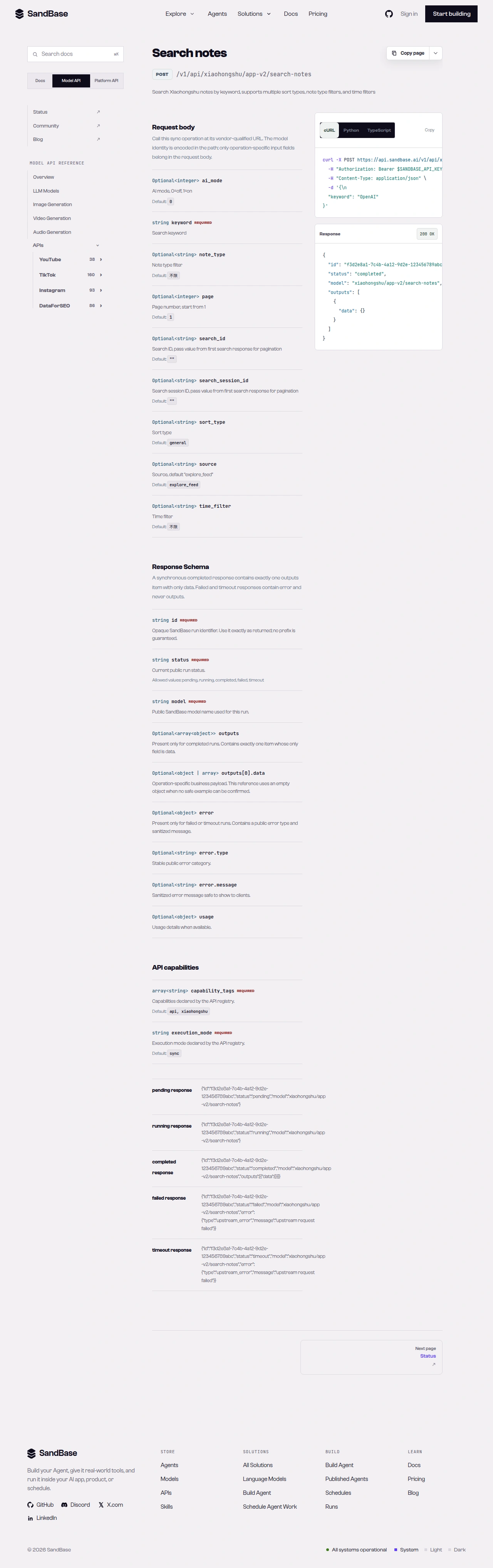 SandBase API reference for a Xiaohongshu endpoint, showing the vendor-qualified URL and the response schema