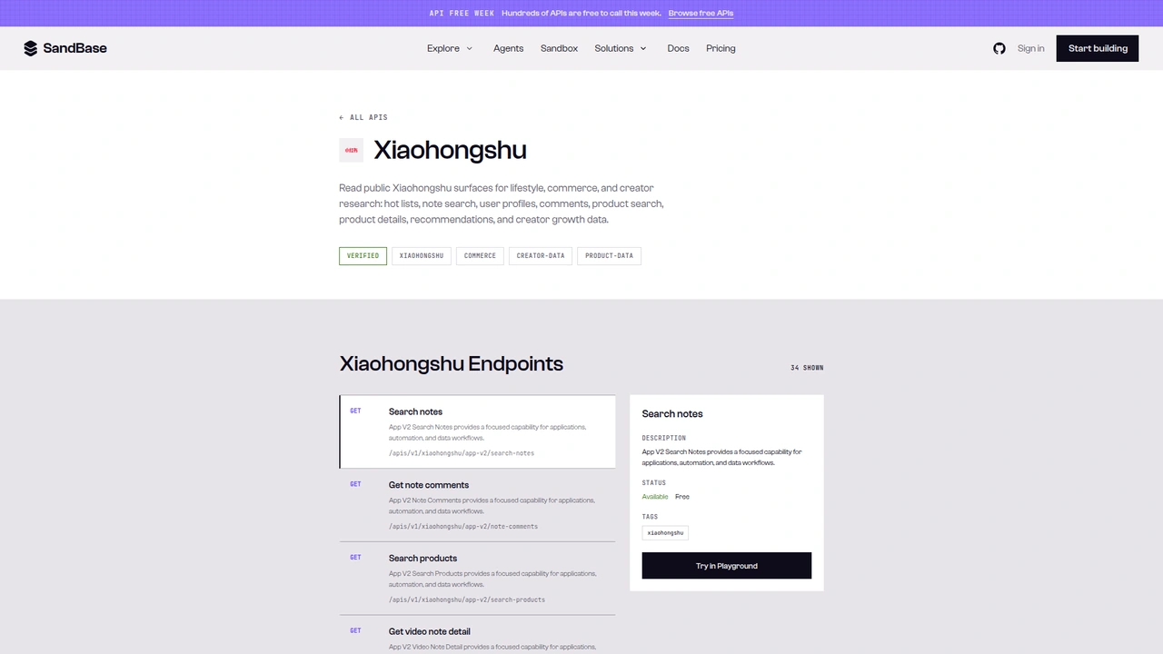 SandBase Xiaohongshu API catalog page listing the Xiaohongshu endpoints, with Search notes selected and shown as Available, Free