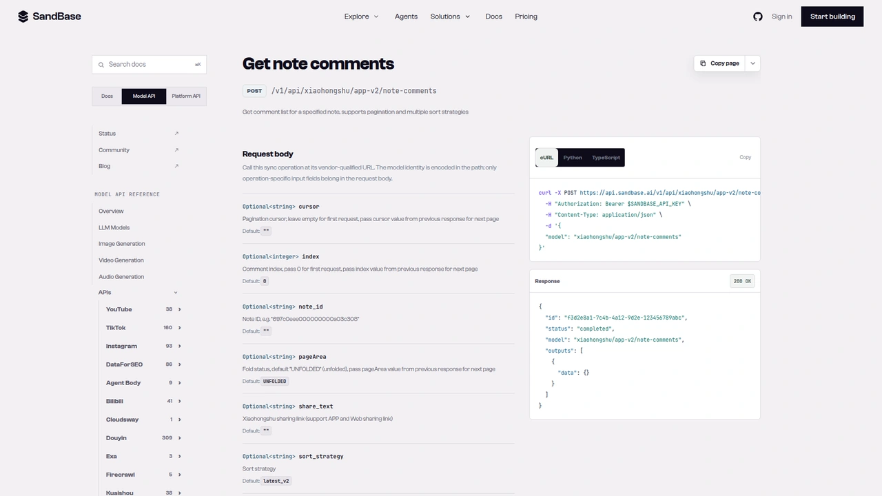 SandBase API reference for the Xiaohongshu app-v2 note-comments endpoint