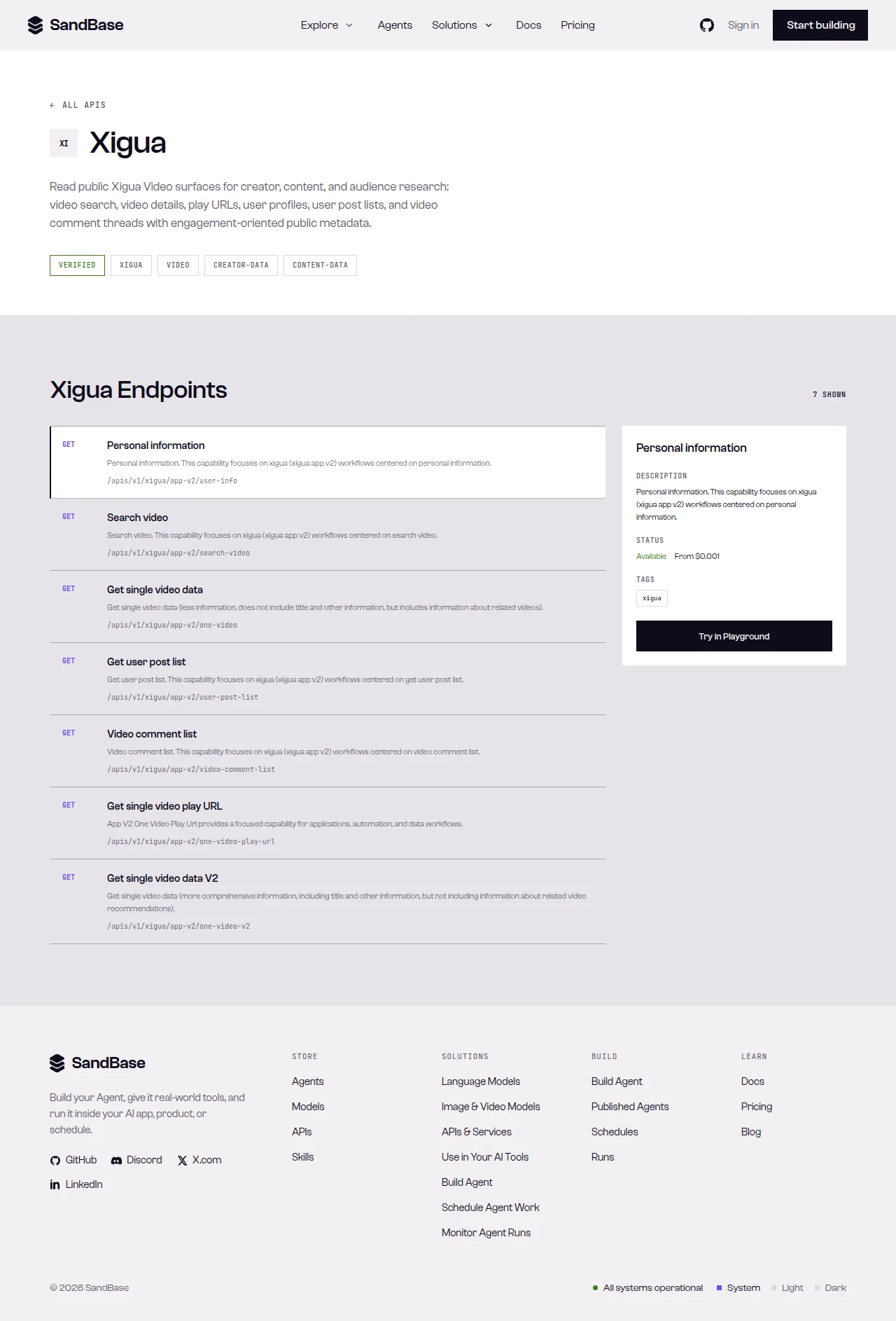 SandBase Xigua API page: description, capability tags, and the endpoint list