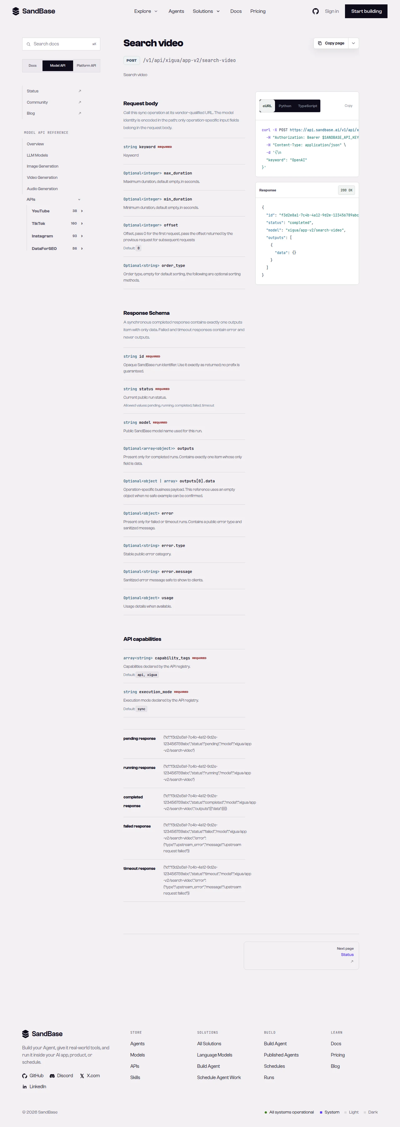 SandBase Xigua search-video API reference showing the keyword parameter and response schema