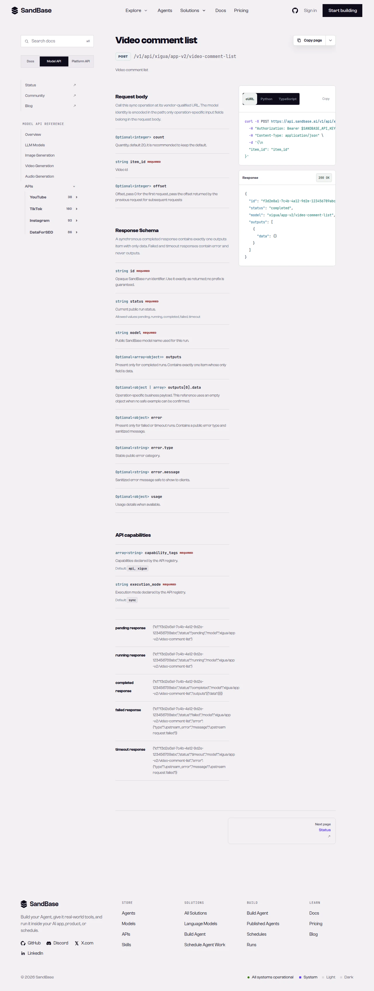 SandBase Xigua video-comment-list API reference showing the item_id parameter and response schema