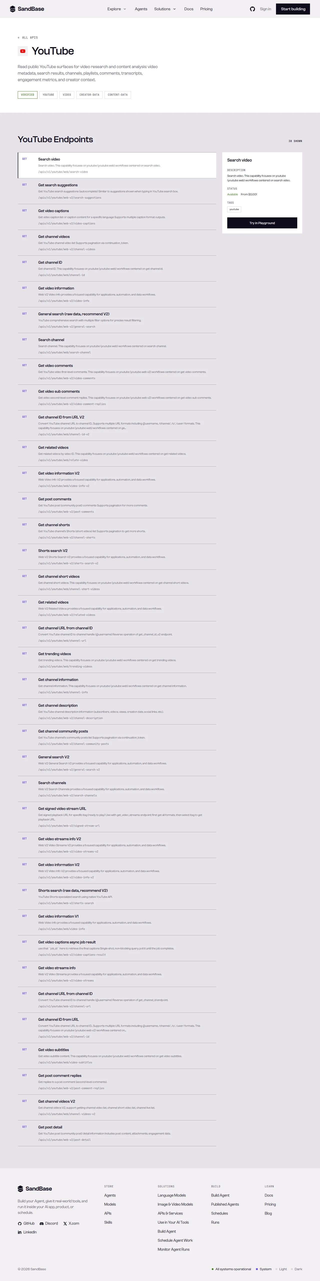 SandBase YouTube API page with the endpoints used in this workflow
