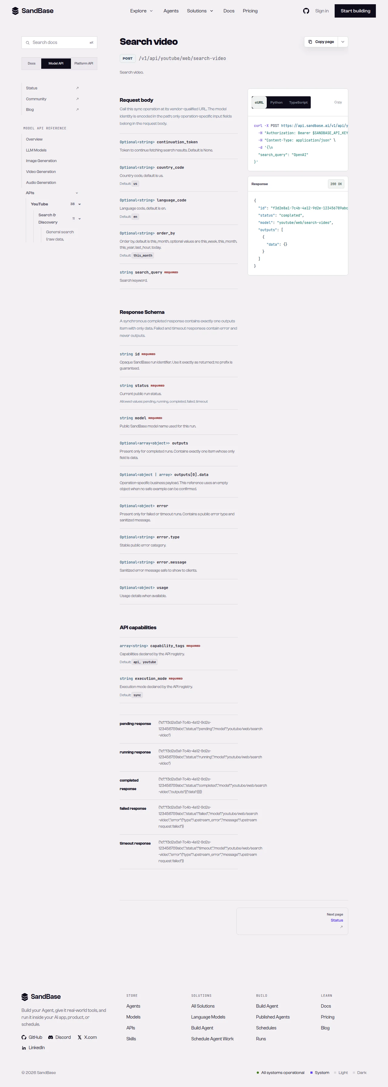 SandBase API reference for the YouTube search-video endpoint