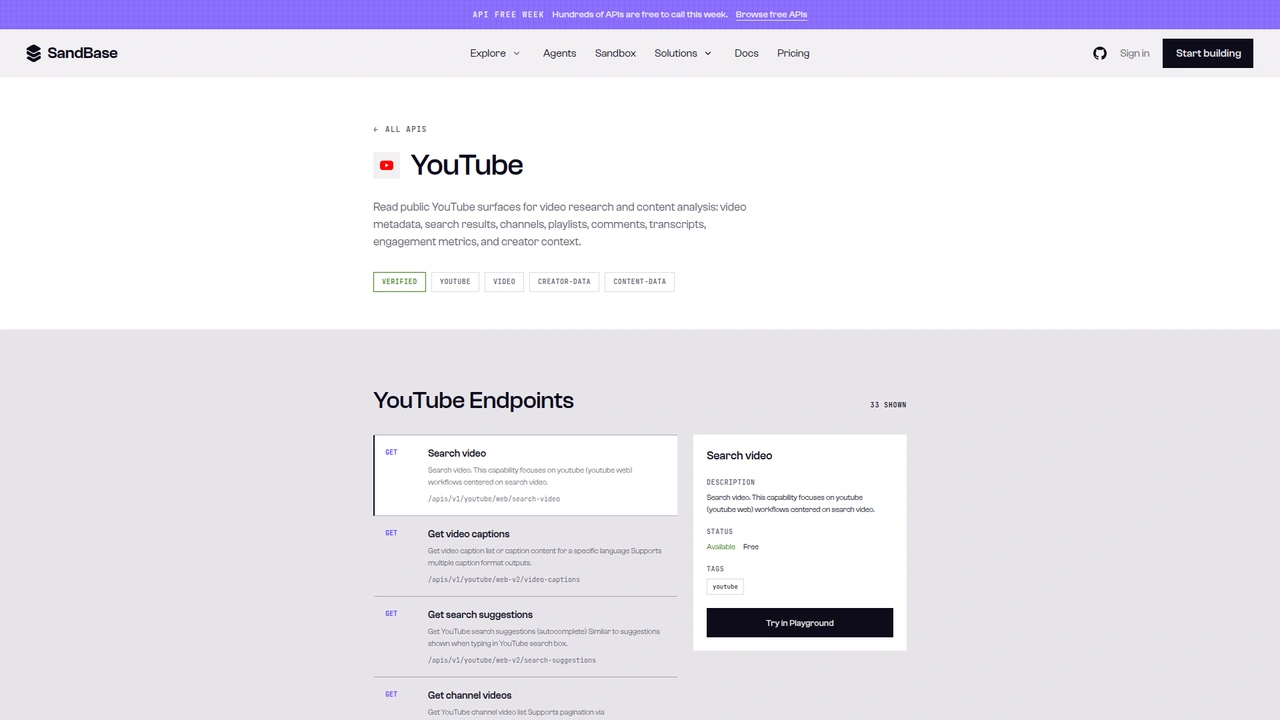 SandBase YouTube API catalog page listing YouTube endpoints with Free status