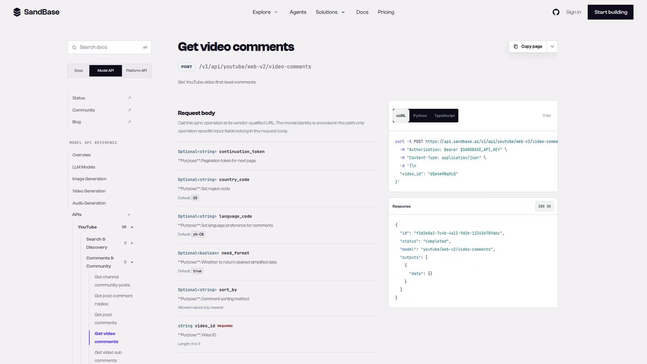 SandBase API reference for the YouTube web-v2 video-comments endpoint