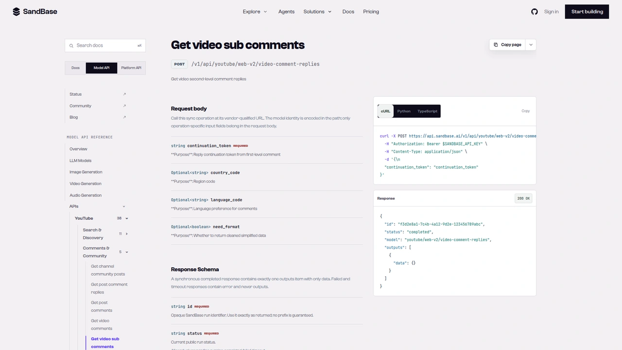 SandBase API reference for the YouTube web-v2 video-comment-replies endpoint