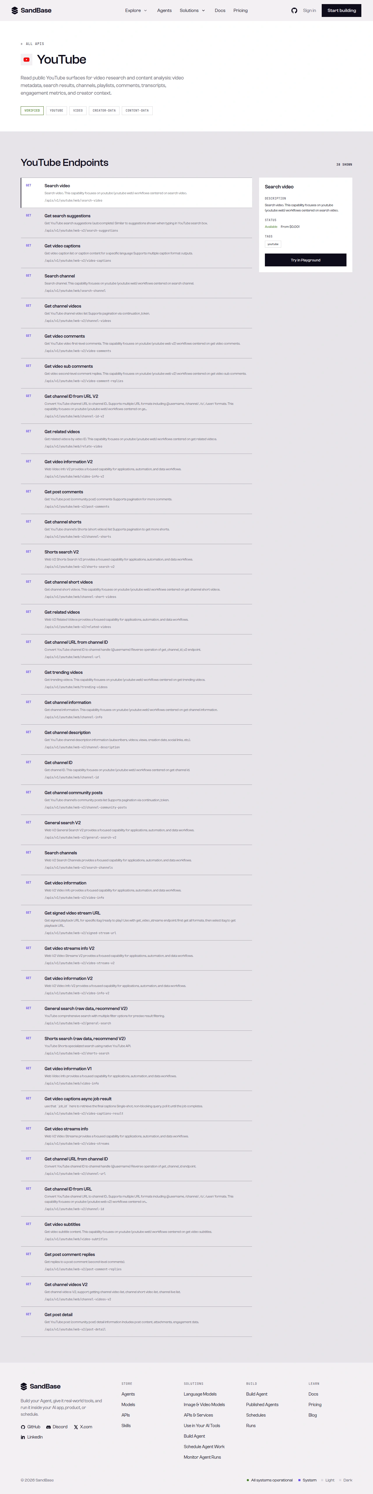 SandBase YouTube API page: description, capability tags, and the YouTube Endpoints list