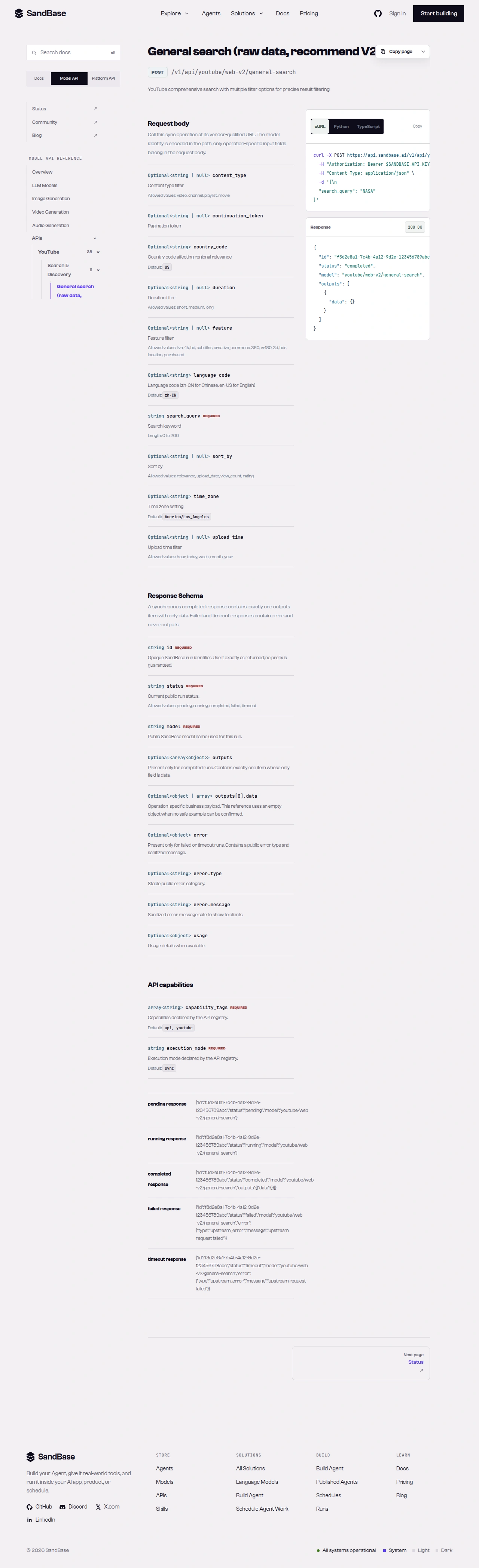 SandBase YouTube Endpoints list showing search, video, channel, comment, and caption endpoints with their paths