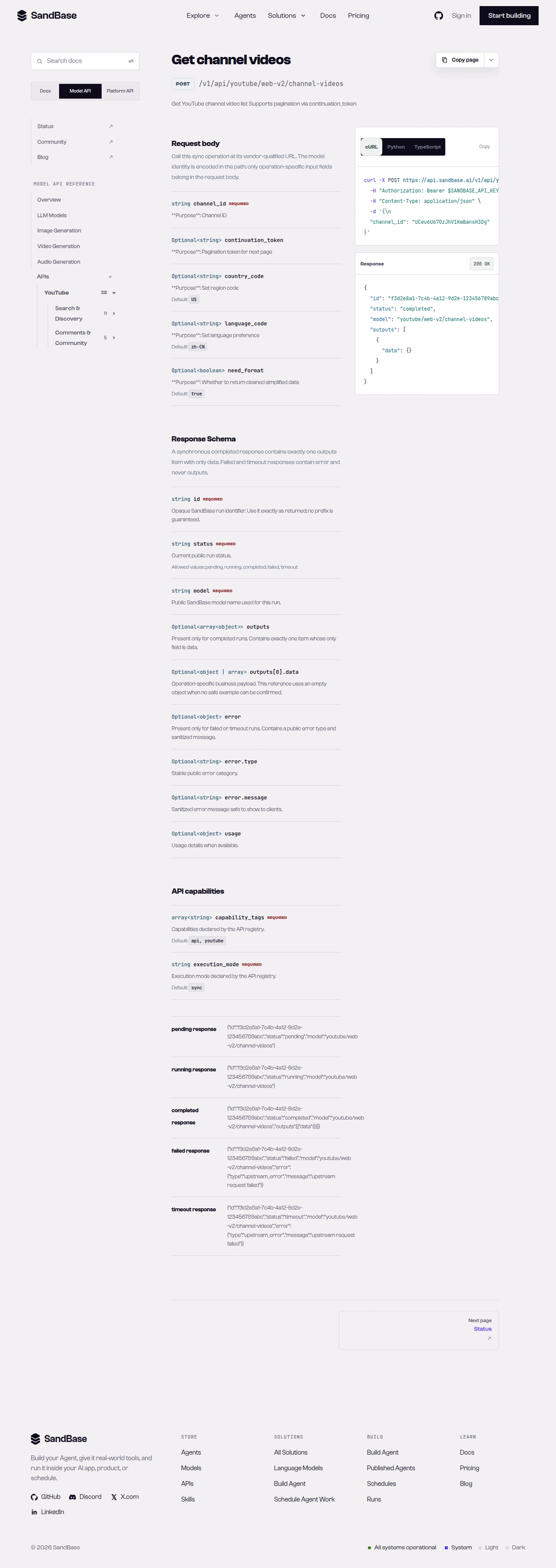 SandBase YouTube endpoint reference showing the channel and caption endpoints used in this pipeline