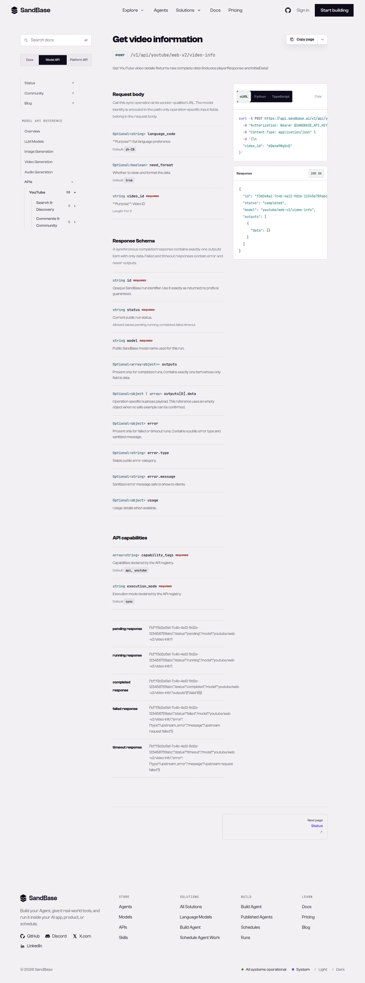 SandBase YouTube video-info API reference showing the video_id parameter and the response schema