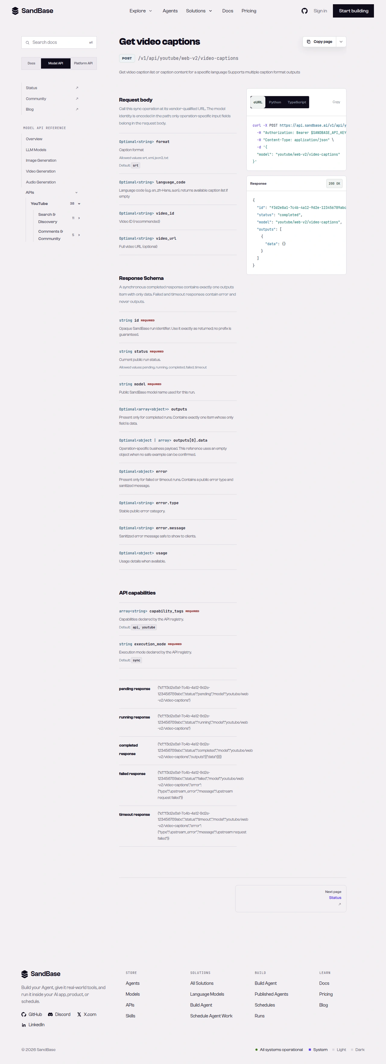 SandBase YouTube video-captions API reference showing the response with caption language tracks