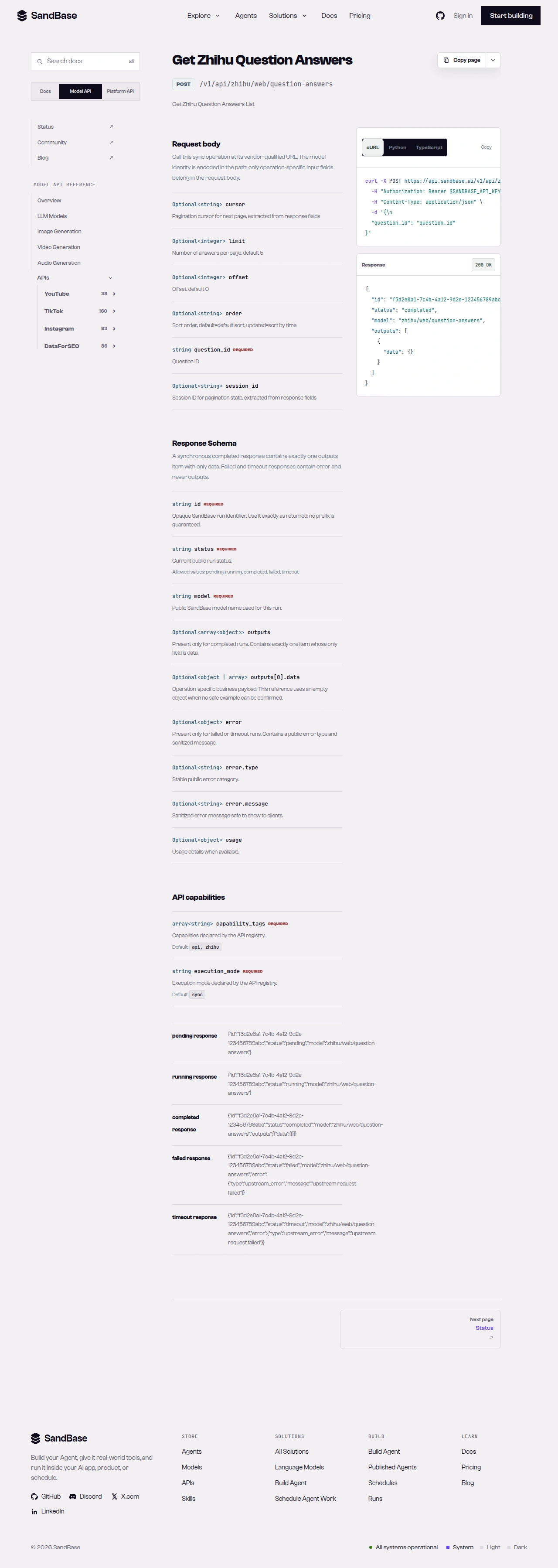 SandBase Zhihu question-answers API reference showing the question_id parameter and response schema