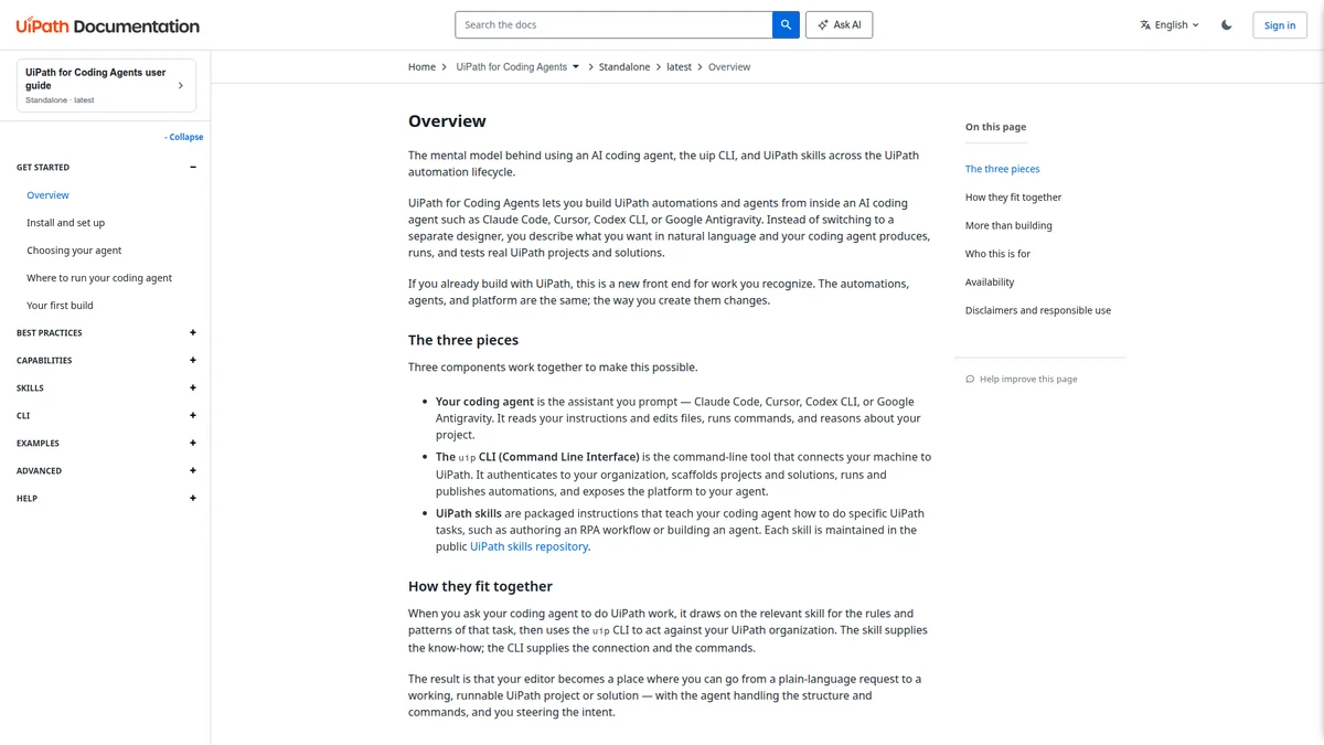 UiPath documentation explaining coding agent, skills, and CLI
