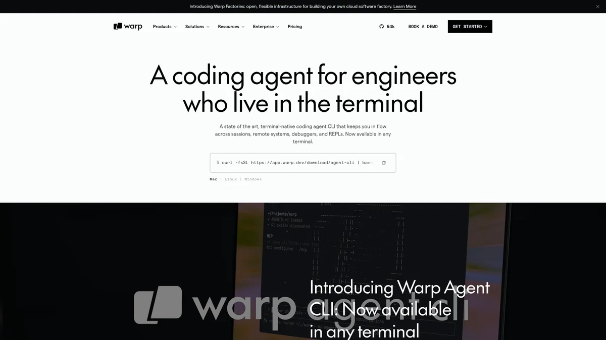 Warp Agent CLI landing page with the standalone installation command