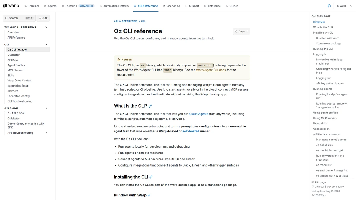 Oz CLI documentation showing local and cloud agent commands