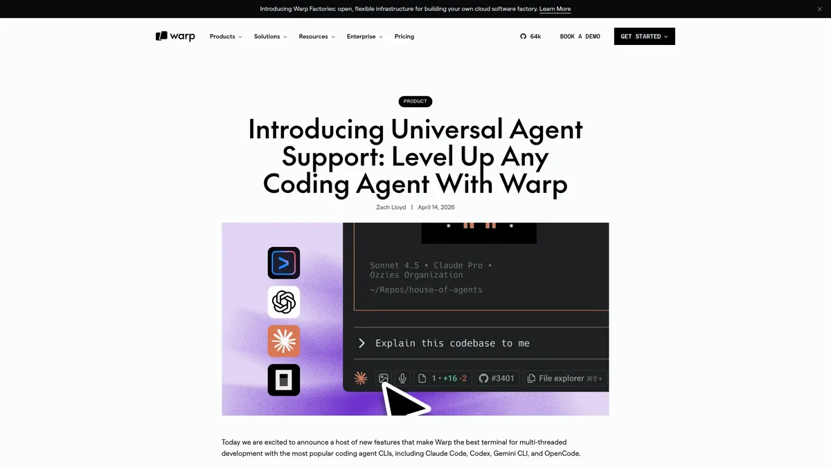 Warp Universal Agent Support announcement showing external coding agents in its workbench